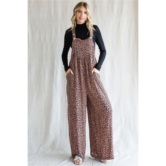JODIFL Pants - JODIFL Leopard Print Overalls Slouchy Oversized W/ Side Pockets Mauve G4454-1